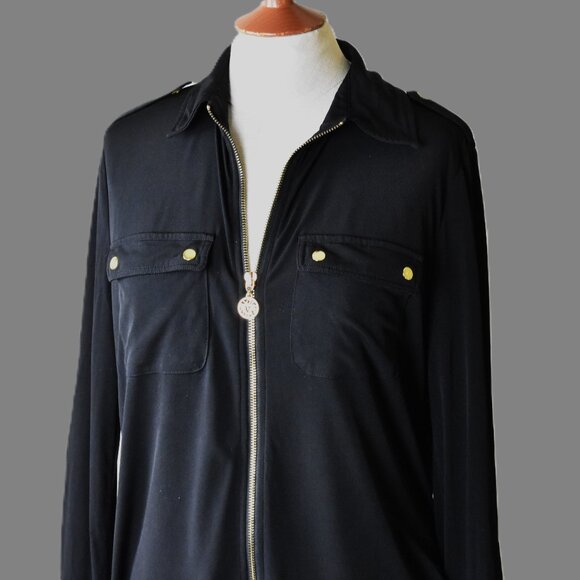ANNE KLEIN Top Blouse M Black Zip Front Snap Sleeves Front Pockets BIN 3 - Picture 2 of 6